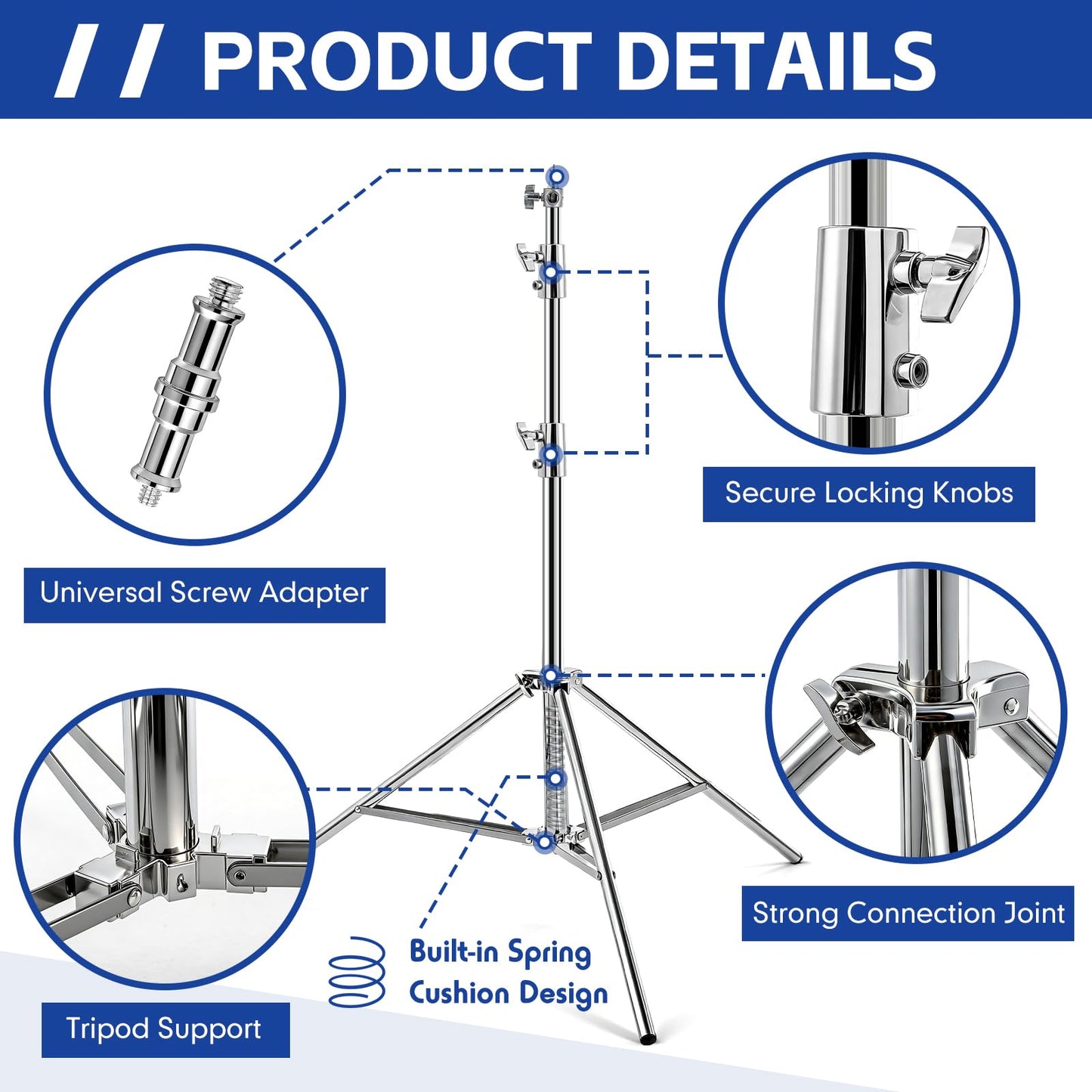 Tellegloww 4 Pack 9.2 FT Stainless Steel Light Stand Photography with 1/4” to 3/8” Screw Adapter Heavy Duty Photography Tripod Lights Stand for Strobe LED Video Lights Ring Light Monolight Softbox