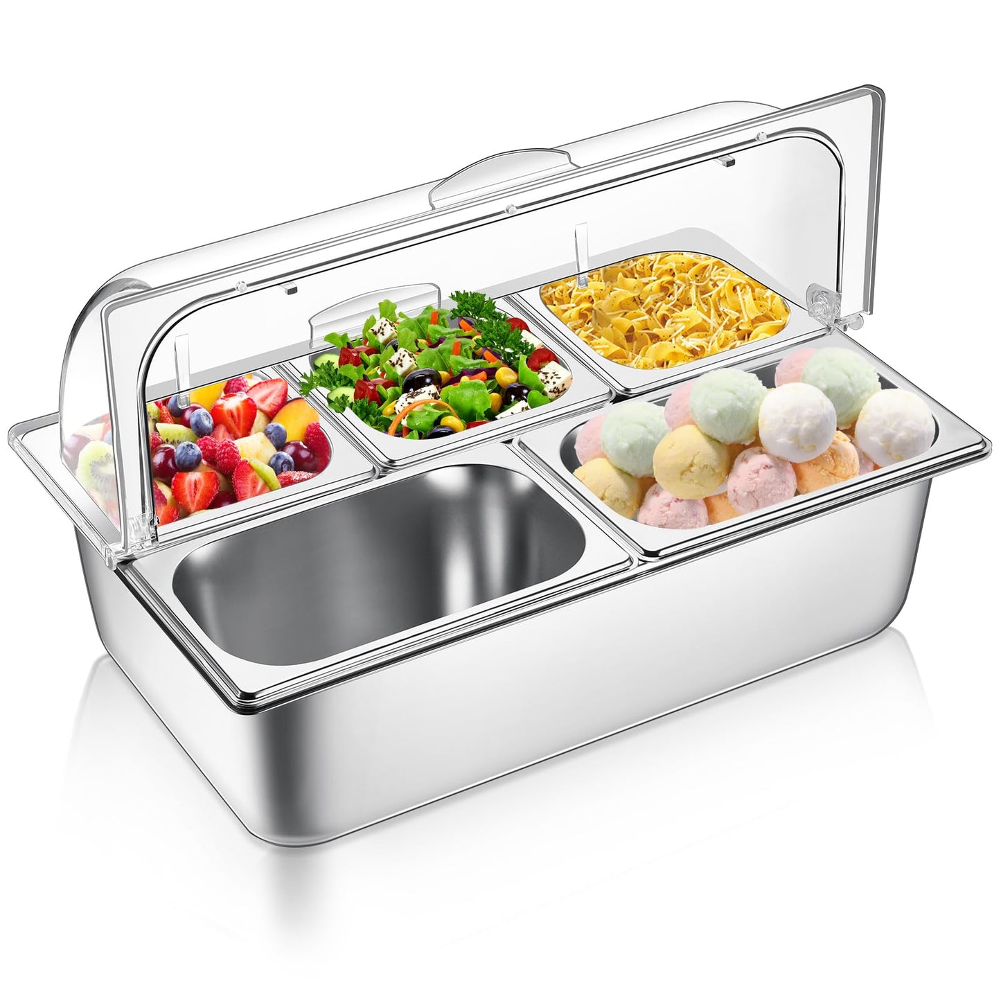 Ziliny Food Serving Display Container 5 Pans Stainless Steel Salad Bar Buffet Station Condiment Dispenser Serving Tray Food Display Rack and Clear Roll Top Cover for Restaurant Hotel Kitchen