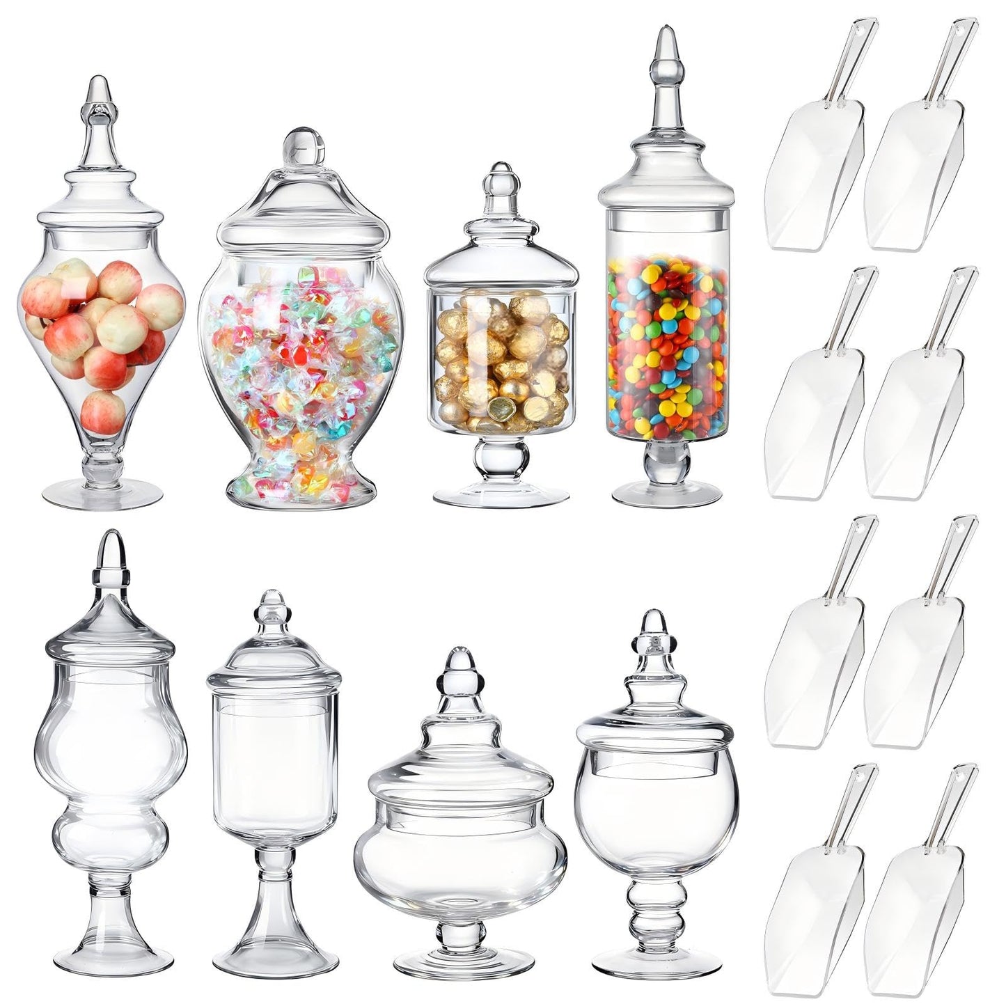 Mimorou 8 Set Glass Apothecary Jars with Lids and Plastic Scoops, Large Clear Candy Buffet Jars Decorative Storage Canisters Set Table Containers for Candy Bar Wedding Kitchen Bathroom(Various Glass)