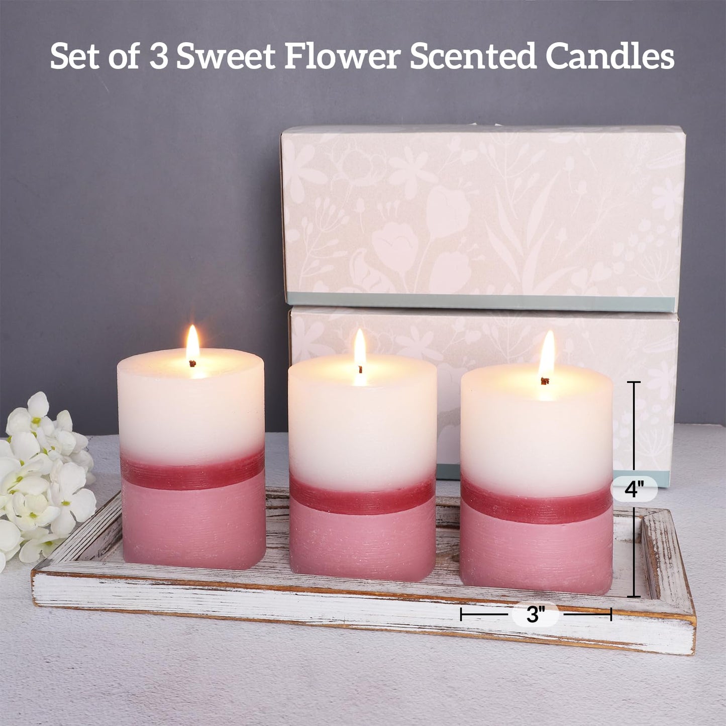 Cafemoon Floral Scented Pillar Candles Set of 3, 3x4 Inch Rustic Rough Texture Handmade Aromatherapy Candles, 35+ Hours Long Lasting Smokeless & Dripless for Home Decor Wedding Birthday Gift