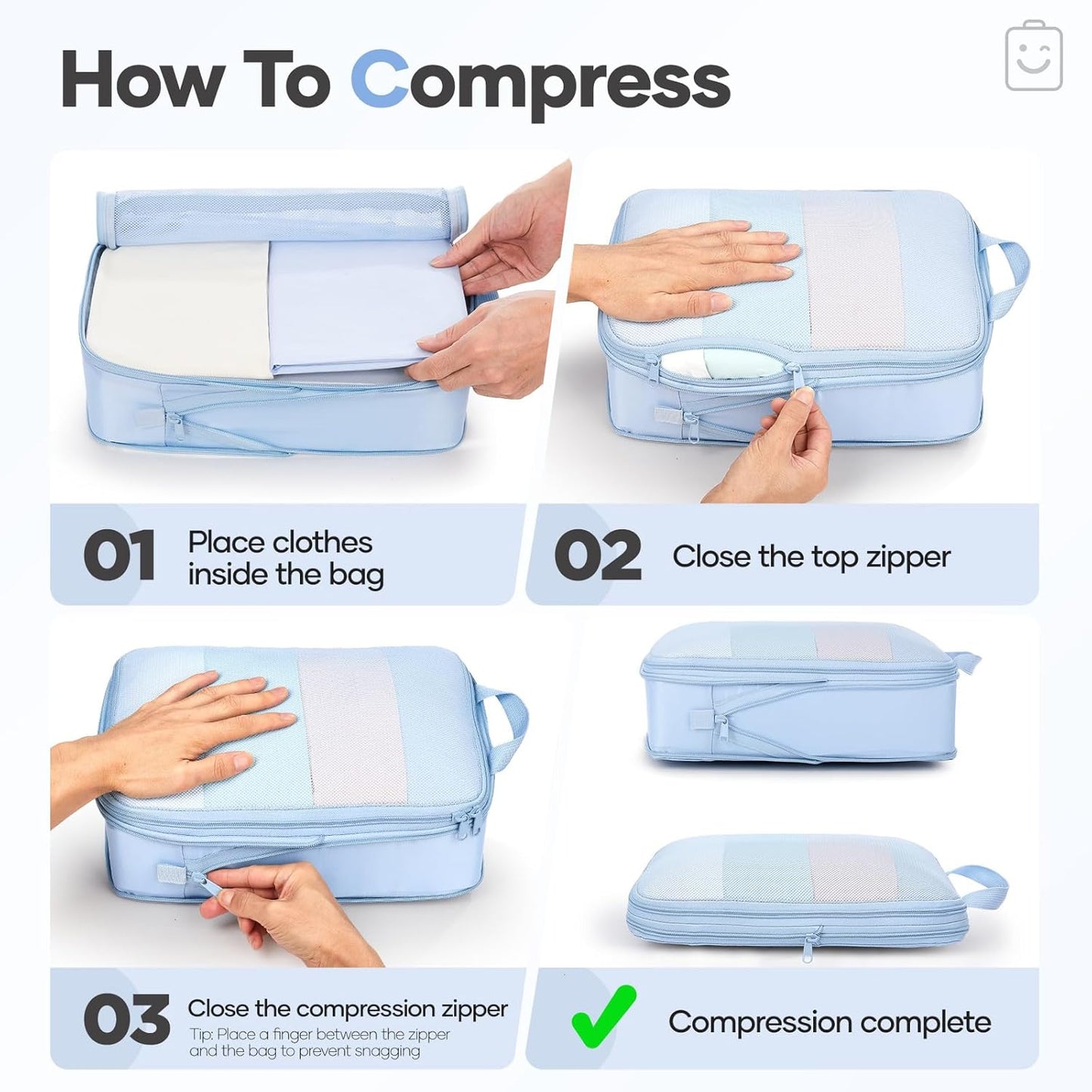 Veken Compression Packing Cubes - Durable Travel Organizer Set for Luggage | Large Light Blue Bags