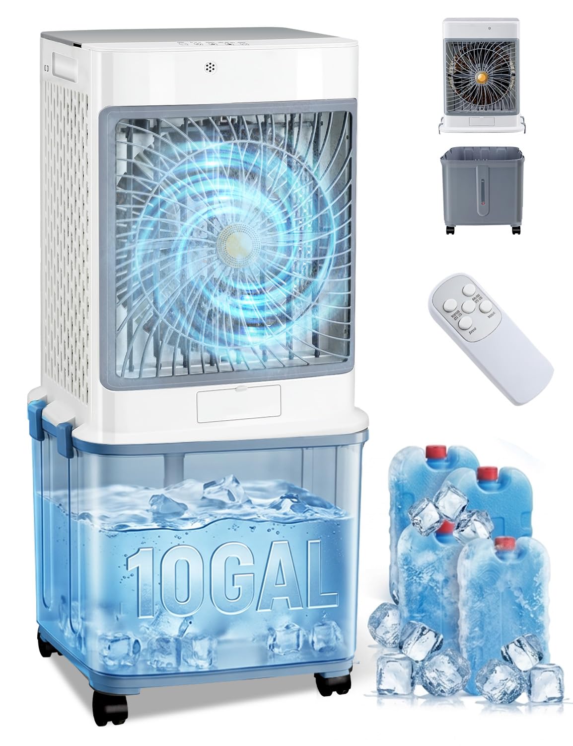 Portable Air Conditioners, Swamp Cooler Evaporative Air Cooler Portable AC Unit for Room, Windowless Cooling Fan That Blow Cold Air with 10GAL Detachable Tank for House Patio Garage Restaurant Outdoor