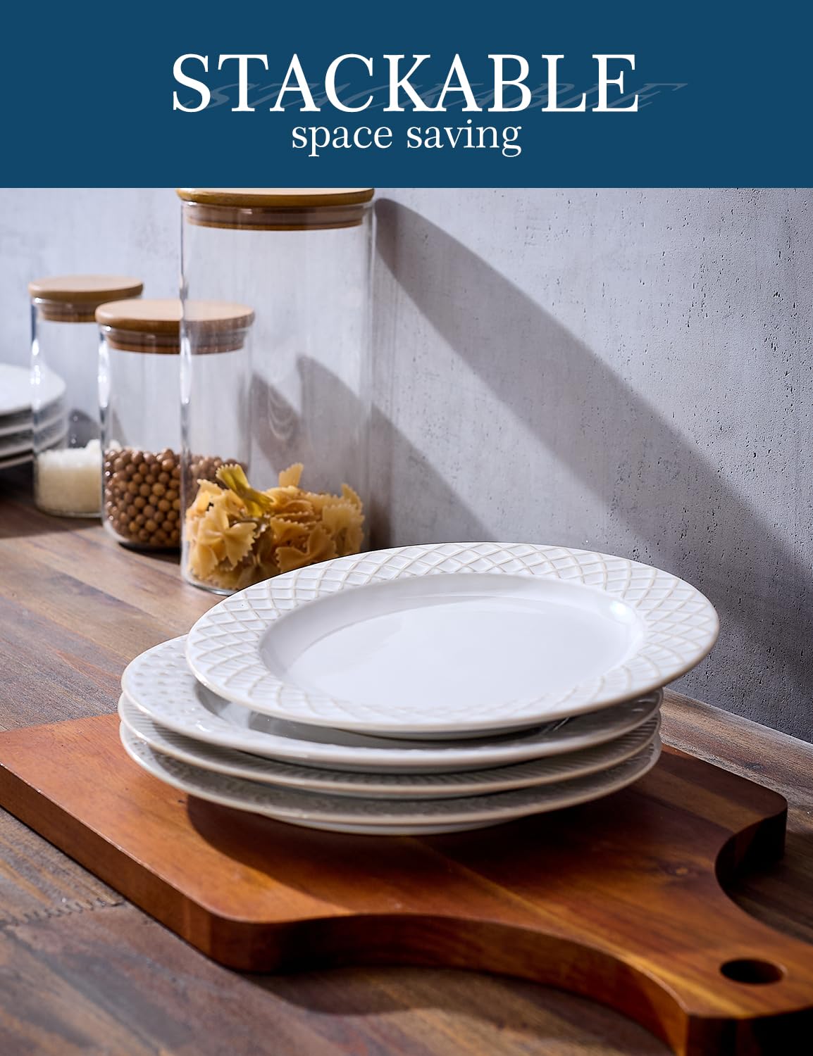Pyrilo 10.4-Inch Embossed Ceramic Plates Set of 4 - Arctic White Dinner Plates for Kitchen Dining Microwave Dishwasher Safe Scratch Resistant Plate Sets Housewarming Wedding Gift
