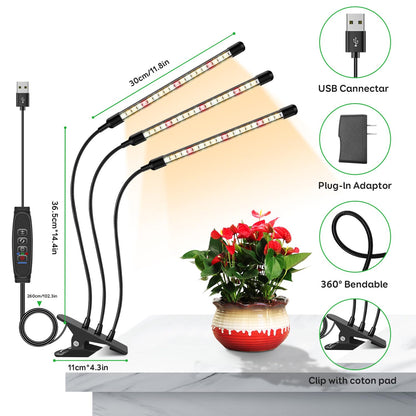 LPMZMBL Full Spectrum LED Grow Light for Indoor Plants, 3Heads Grow Lights for Seed Starting, 10 Dimmable Levels & 3 Timer Modes (3/9/12H), Adjustable 360° Gooseneck with Clip, Plant Grow Light 2 Pack