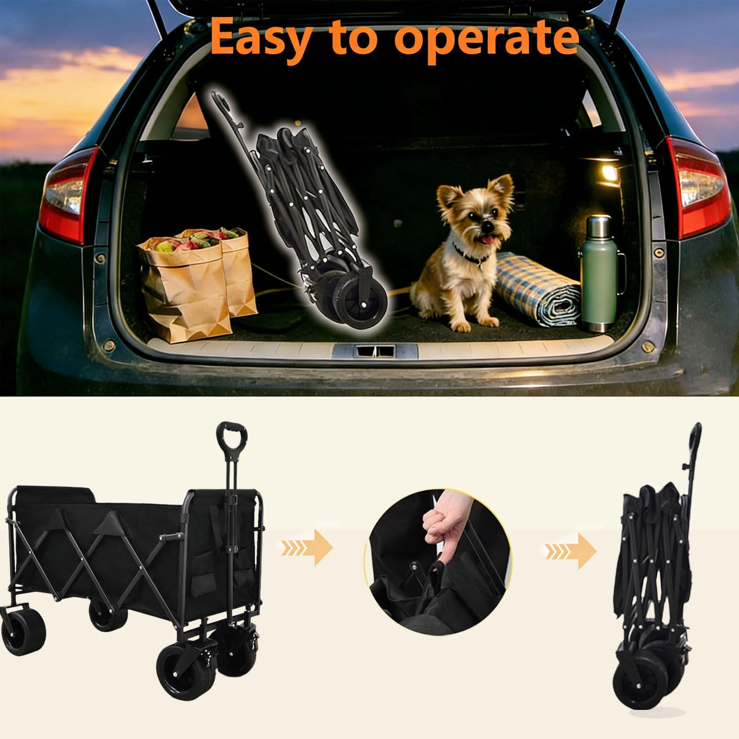 Tule Tuowu Heavy Duty Collapsible Wagon Cart, Foldable Camping Wagon with 110 cm Adjustable Handle, Big All-Terrain Wheels & Cup Holders, for Men, Heavy Hauling, Supermarket, Camping