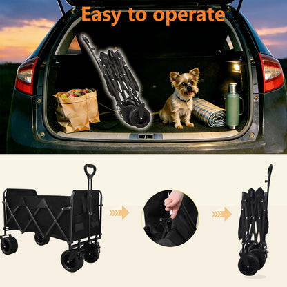 Tule Tuowu Heavy Duty Collapsible Wagon Cart, Foldable Camping Wagon with 110 cm Adjustable Handle, Big All-Terrain Wheels & Cup Holders, for Men, Heavy Hauling, Supermarket, Camping