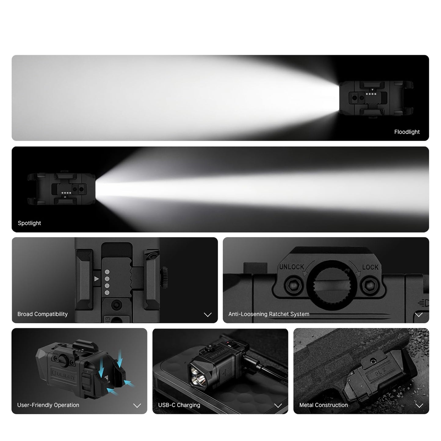 OLIGHT PL X Tactical Flashlight Rechargeable USB-C Dual Beams Strobe Combo 22,500 Candelas Spotlight and 1,200 Lumens Floodlight Adjustable & Reversible Lugs, for 1913 / GL Rail Mount (Matte Black)