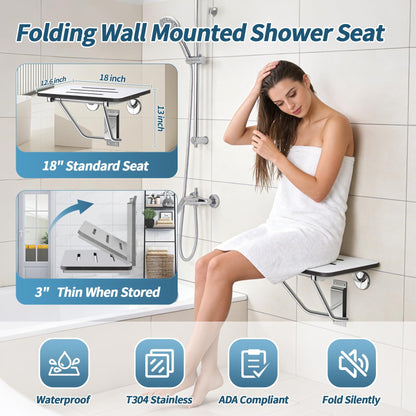 18" Foldable Wall Mounted Fold Down Shower Seat, ADA Compliant Folding Shower Bench with Phenolic Resin Surface No Peeling No Cracking, Triangular Stainless Steel Frame, 420lbs Capacit