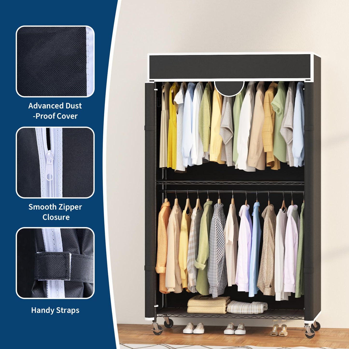 Heavy Duty Clothes Rack with Cover, 485LBS Capacity, Portable Closet Wardrobe on Wheels, Carbon Steel, Dustproof, Tool-Free Assembly, Clothes Racks for Hanging Clothes, for Bedroom, Laundry, Storage