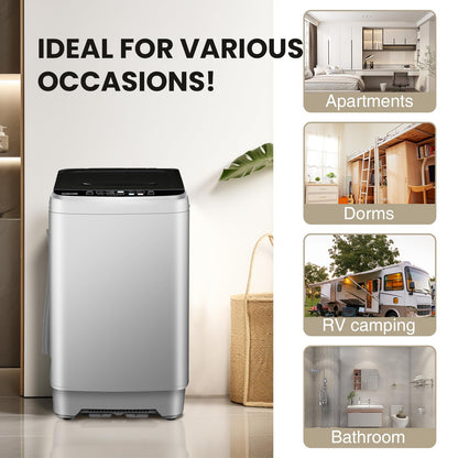 BINMIT 15.6lbs Full-Automatic Washing Machine, Portable Compact Laundry Washer with Drain Pump, 10 Programs 8 Water Levels with LED Display for RV, Camping, Apartment, Dorm, Dark-Grey