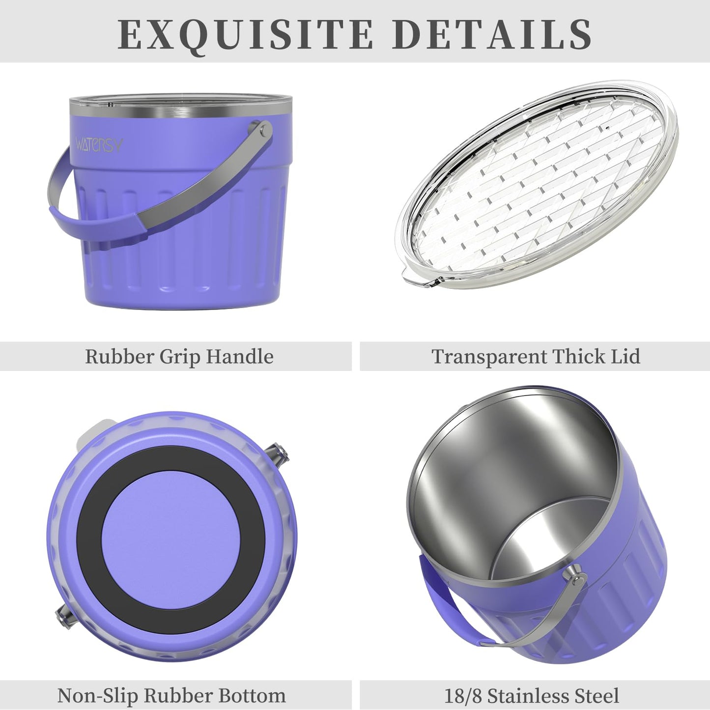WATERSY Insulated Ice Bucket（8 Quart / 7.6 L） with Lid, Scoop, Ice Tong，Wall Vacuum Stainless Steel, Purple