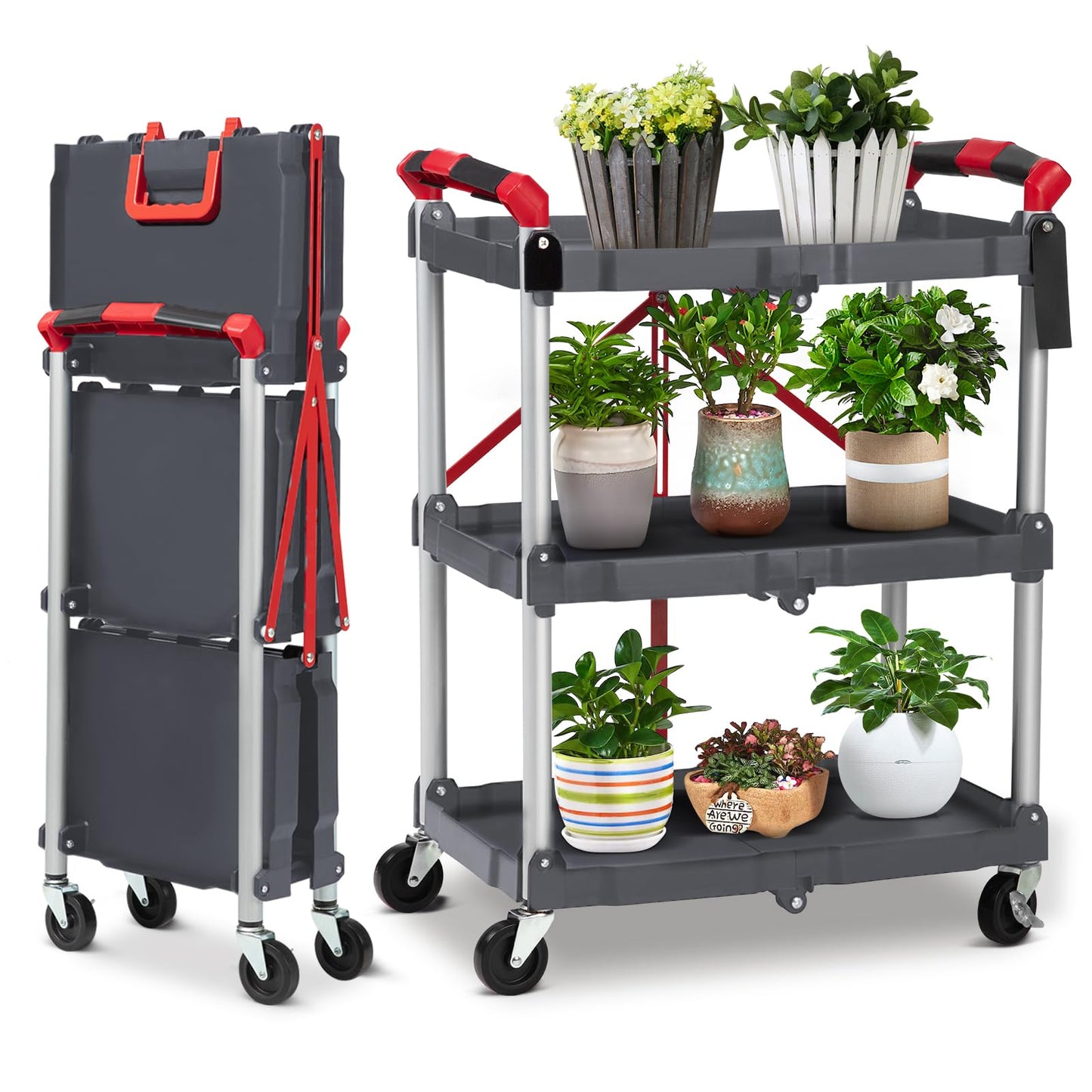 Garvee Collapsible Folding Utility Cart with Wheels, 3 Tier Rolling Service Cart for Kitchen, Office, Shopping, Garage