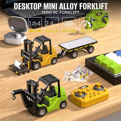 1/64 Full Proportional RC Forklift Toy10 Channel 2 Mode Mini Remote Control Forklift Truck with Flatbed Tow Truck 3 in 1 Transformable Lift Fork &amp Hook &amp Trailer with Lights &amp Sounds for