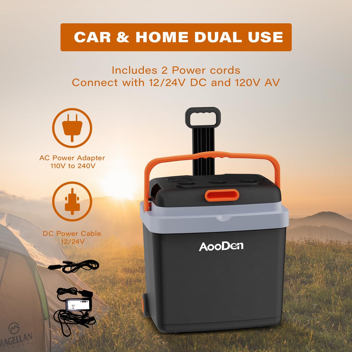 AooDen Electric Car Cooler and Warmer 35 Quart(33 Liter) Capacity with Draw bar and Wheels, Thermoelectric Iceless Cooler for Travel, Camping, Vehicles, Truck, Home - 12V DC and 120V AC