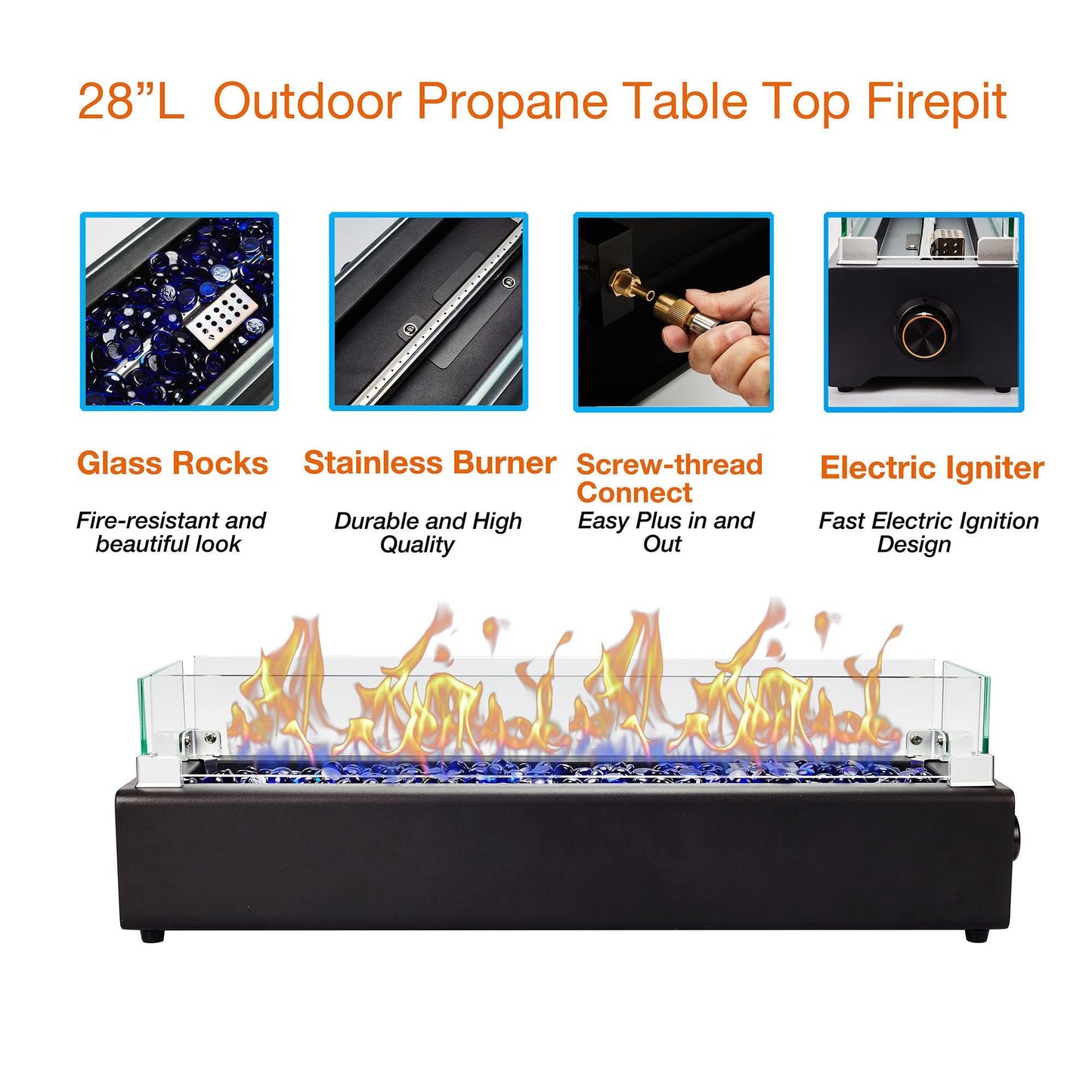 28-inch Table Top Propane Fire Pit, 40,000 BTU Tabletop Firepit for Patio, Outdoor Portable Rectangular Fire Bowl w/Wind Glass Shield, Glass Rocks - Black