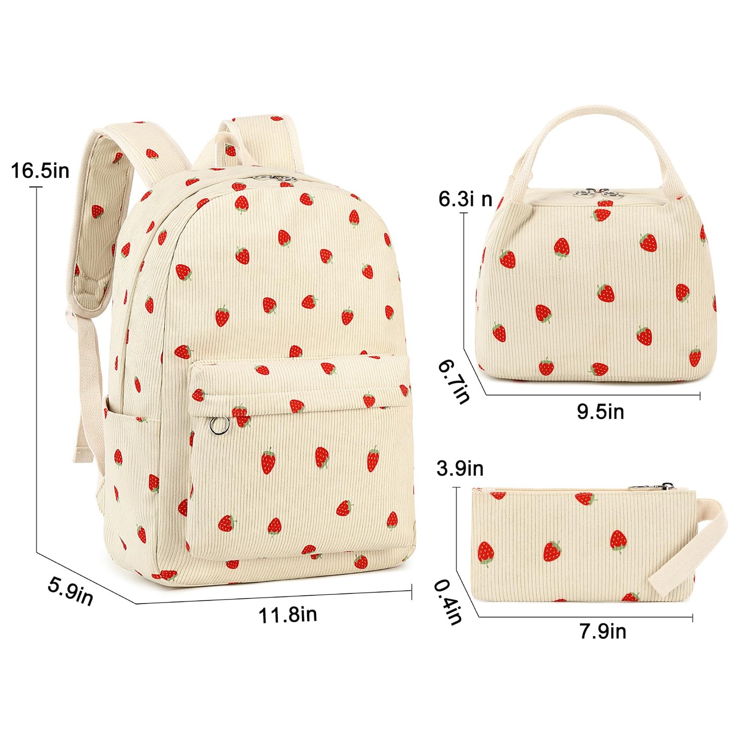 FADOVYE Kids Backpack for Girls Women School Bag Laptop Backpack Casual Daypacks with Lunch Box Pencil Case for Preschool Kindergarten Elementary Bookbag, Strawberry