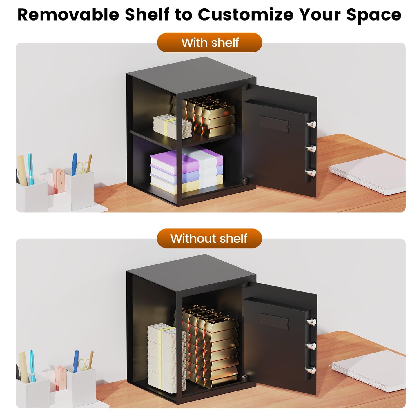 16.54 Inches Tall Safe Box, 2.5 Cuft Home Safe with Fireproof Waterproof Bag, Anti-Theft Digital Security Lock Box with Smart Alert System, Removable Shelf, Mute Function, Document Safes for Jewelry