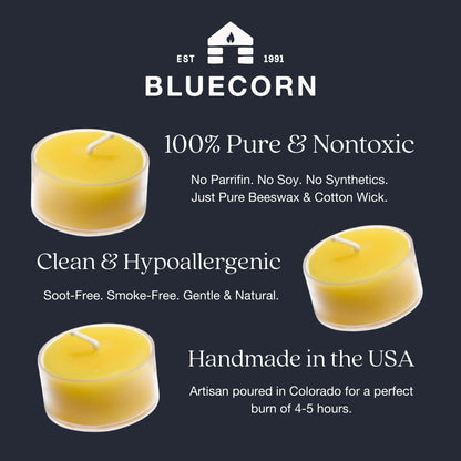 Bluecorn Beeswax Tea Light Candles, 100% Pure Natural Bees Wax, Yellow Tea Lights, Fragrance Free, Paraffin & Soy Free Candle Wax, Clean Burning, Long Lasting (4-5 Hrs), American Made, 24 Pack