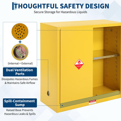 Hazardous Storage Flammable Cabinets, Fire Resistant Safety Cabinet for Flammable Liquids | Cold-Rolled Steel Construction w/Spill Containment Tray, Ventilation Holes & Grounding | Adjustable Shelf