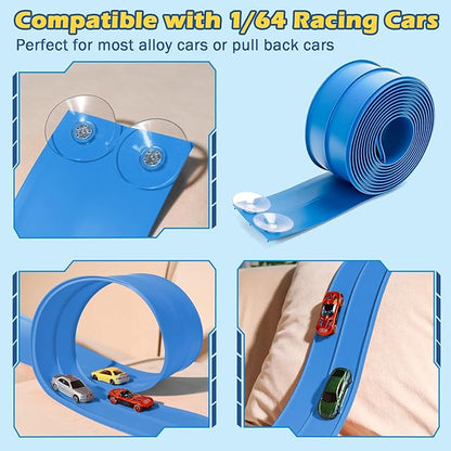 Flexible Race Track 15 Ft Starter Set Flex Tracks for Kids 3+ with Strong Suction Cups Flexible Car Race Ramp Track Compatible with Hot Wheels and Diecast 1/64 Cars Portable Rolls Up Race Tracks