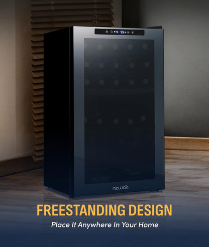 NewAir 20" Dual Zone Wine Fridge for 33 Bottles | Freestanding Wine Cooler Refrigerator with Glass Door | Mirrored Shadow™ Door & Quiet Compressor Cooling | Black