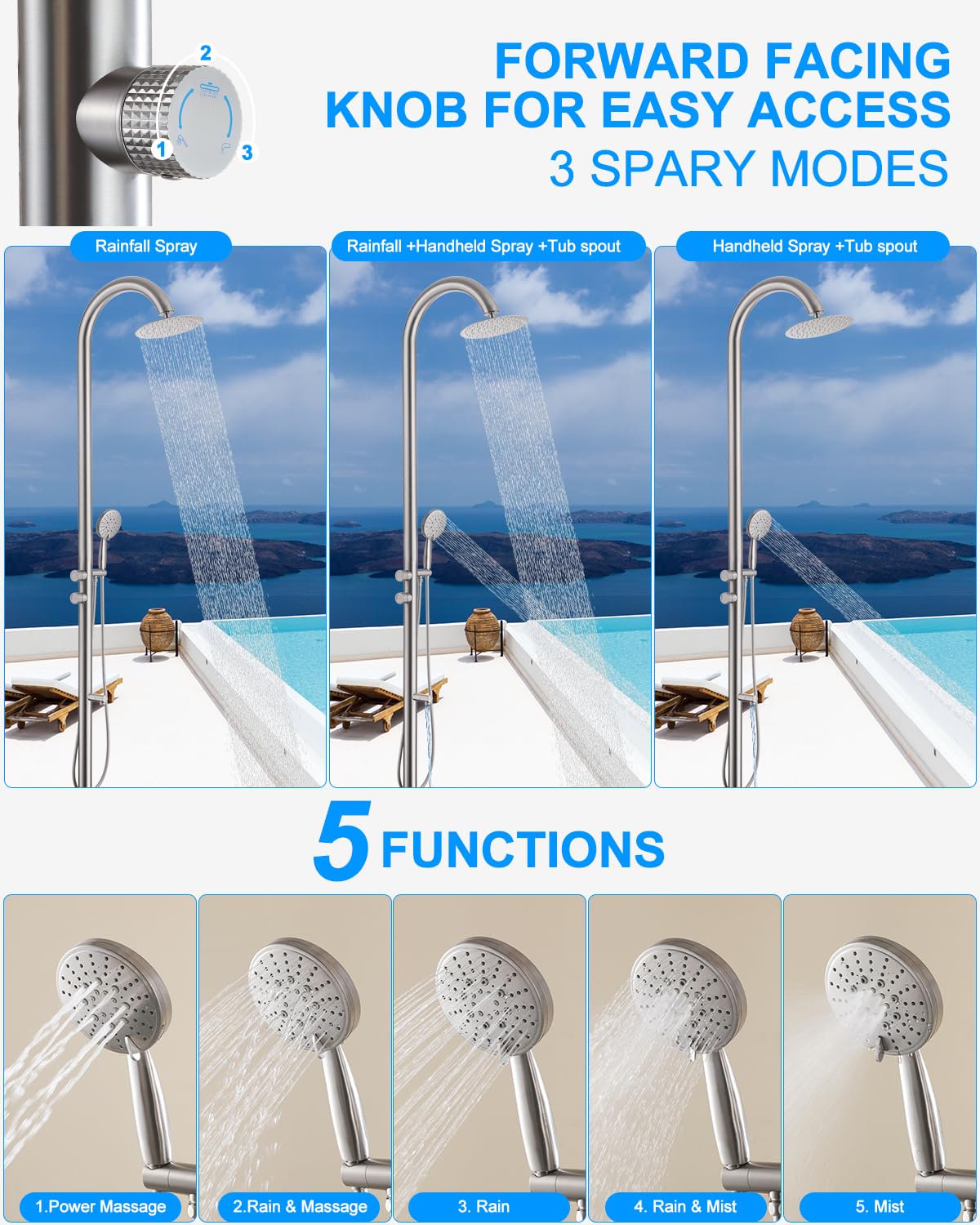 RALANDA Free Standing Outdoor Shower, 5-Function Shower Kit Nickel with 10''Rain Shower Head, Stainless Steel Outdoor Shower Fixture for Backyard Beach Poolside,Floor Mounted