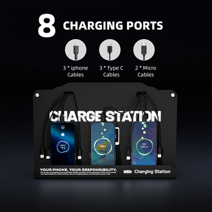 Floor Standing Cell Phone Charging Station with Fast Charigng Cables – 8 Device Charging Dock for Office, Hotel & Public Spaces | Compatible with iPhone ipad Smartphone Tablets Android Port (Black)