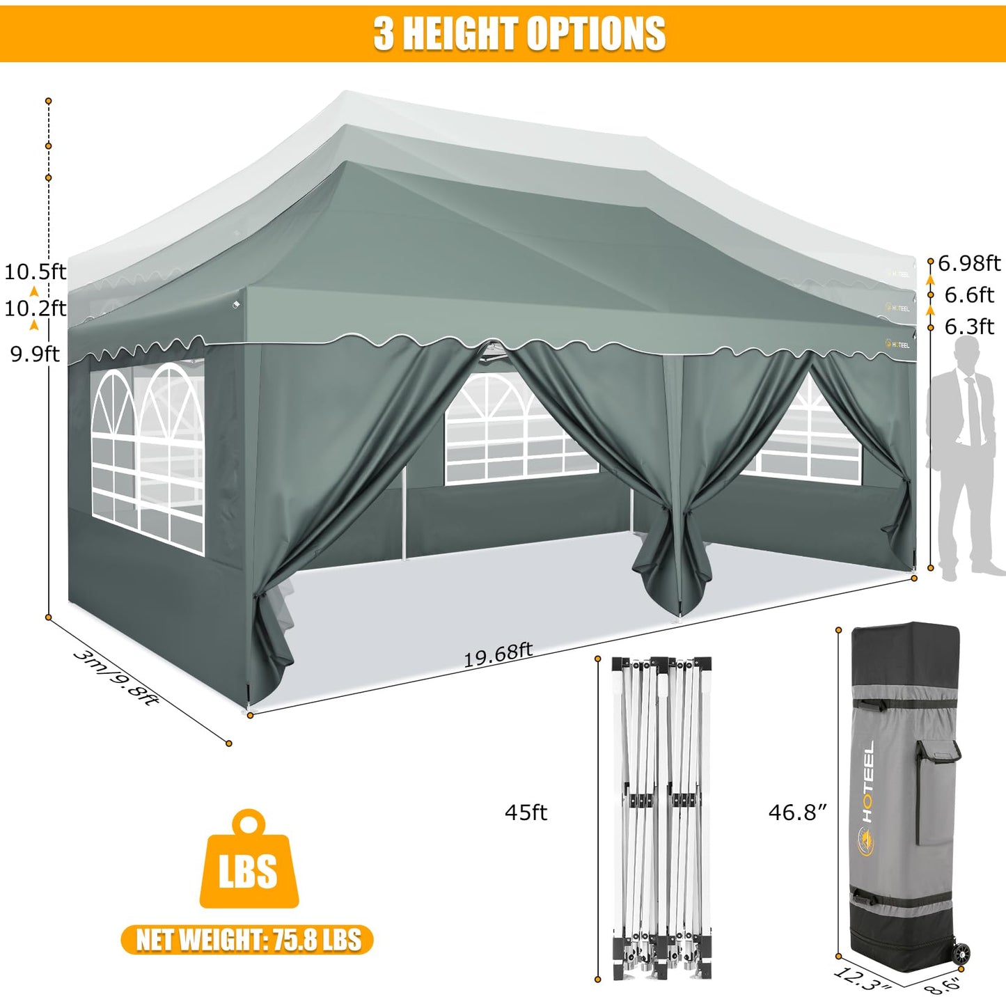 HOTEEL 10x20 Pop Up Canopy Tent with 6 Sidewalls, Waterproof UV50+ Outdoor Shelter for Parties and Events, Easy Setup with Wheeled Bag & 4 Weight Bags, Gray