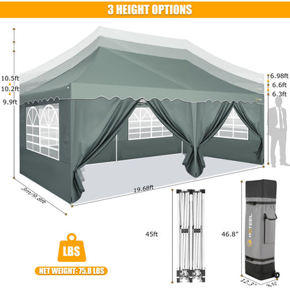 HOTEEL 10x20 Pop Up Canopy Tent with 6 Sidewalls, Waterproof UV50+ Outdoor Shelter for Parties and Events, Easy Setup with Wheeled Bag & 4 Weight Bags, Gray