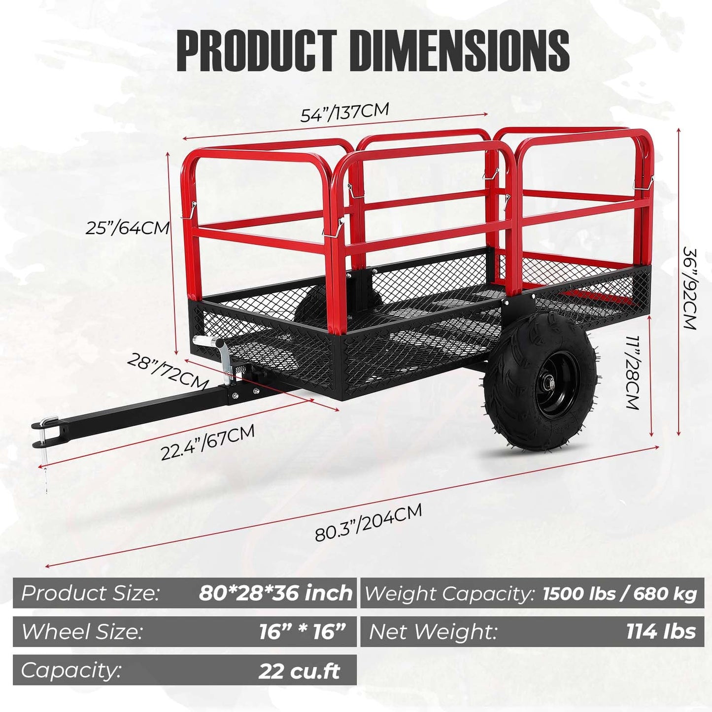 Garvee ATV Trailer Garden Dump Cart Tow Behind, 1500 LBS 22 Cubic Feet Heavy Duty Steel Pull Behind Yard Wagon Cart with 2 Wheels, for Lawn Mower Tractor, ATV, UTV, Red