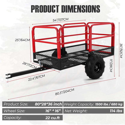 Garvee ATV Trailer Garden Dump Cart Tow Behind, 1500 LBS 22 Cubic Feet Heavy Duty Steel Pull Behind Yard Wagon Cart with 2 Wheels, for Lawn Mower Tractor, ATV, UTV, Red