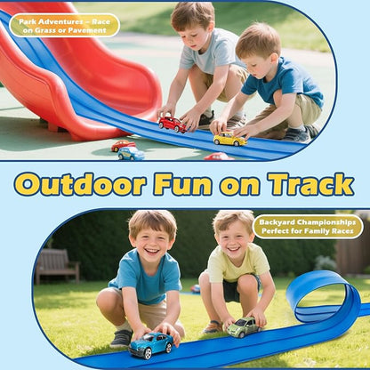 Flexible Race Track 15 Ft Starter Set Flex Tracks for Kids 3+ with Strong Suction Cups Flexible Car Race Ramp Track Compatible with Hot Wheels and Diecast 1/64 Cars Portable Rolls Up Race Tracks