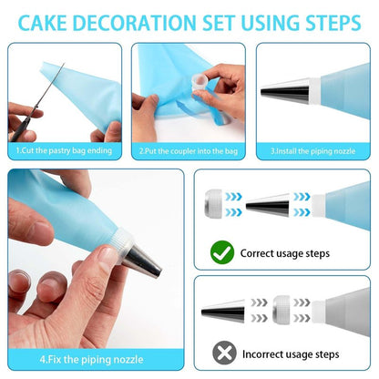 Piping Bags and Tips Set, Reusable Cake Decorating Kit with 24 Stainless Steel Icing Tips,2 Reusable Silicone Piping Bags,2 Couplers,3 Scrapers, Bag Ties & Brush for Baking, Cookie Icing and Cupcakes