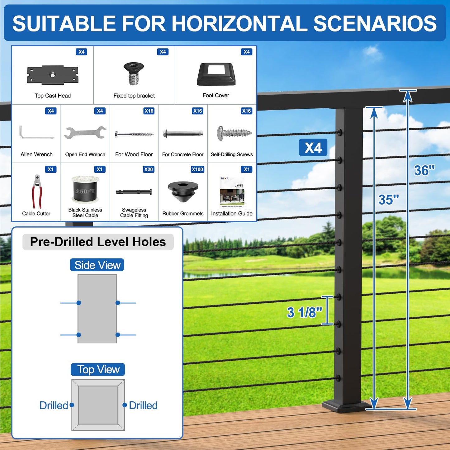 PLANTOP 12-20FT Complete Set 36" Cable Railing Post Kit(35"x2"x2"), 4pcs Stainless Steel Black Flat Top Surface Mount Level Posts,1/8" Wire Rope(No Handrail),Swageless Cable Railing System Kit,MY07-LP