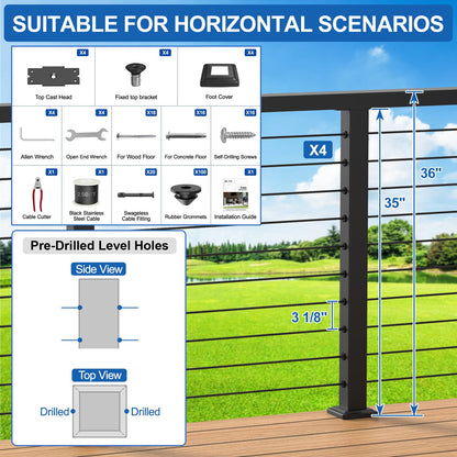 PLANTOP 12-20FT Complete Set 36" Cable Railing Post Kit(35"x2"x2"), 4pcs Stainless Steel Black Flat Top Surface Mount Level Posts,1/8" Wire Rope(No Handrail),Swageless Cable Railing System Kit,MY07-LP