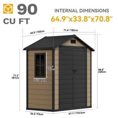 DWVO 6x4 FT Storage Shed Plastic, Outdoor Storage Shed with Lockable Door, Window and Vents, Waterproof Tool Storage for Garden, Backyard, Patio, Lawn, Brown