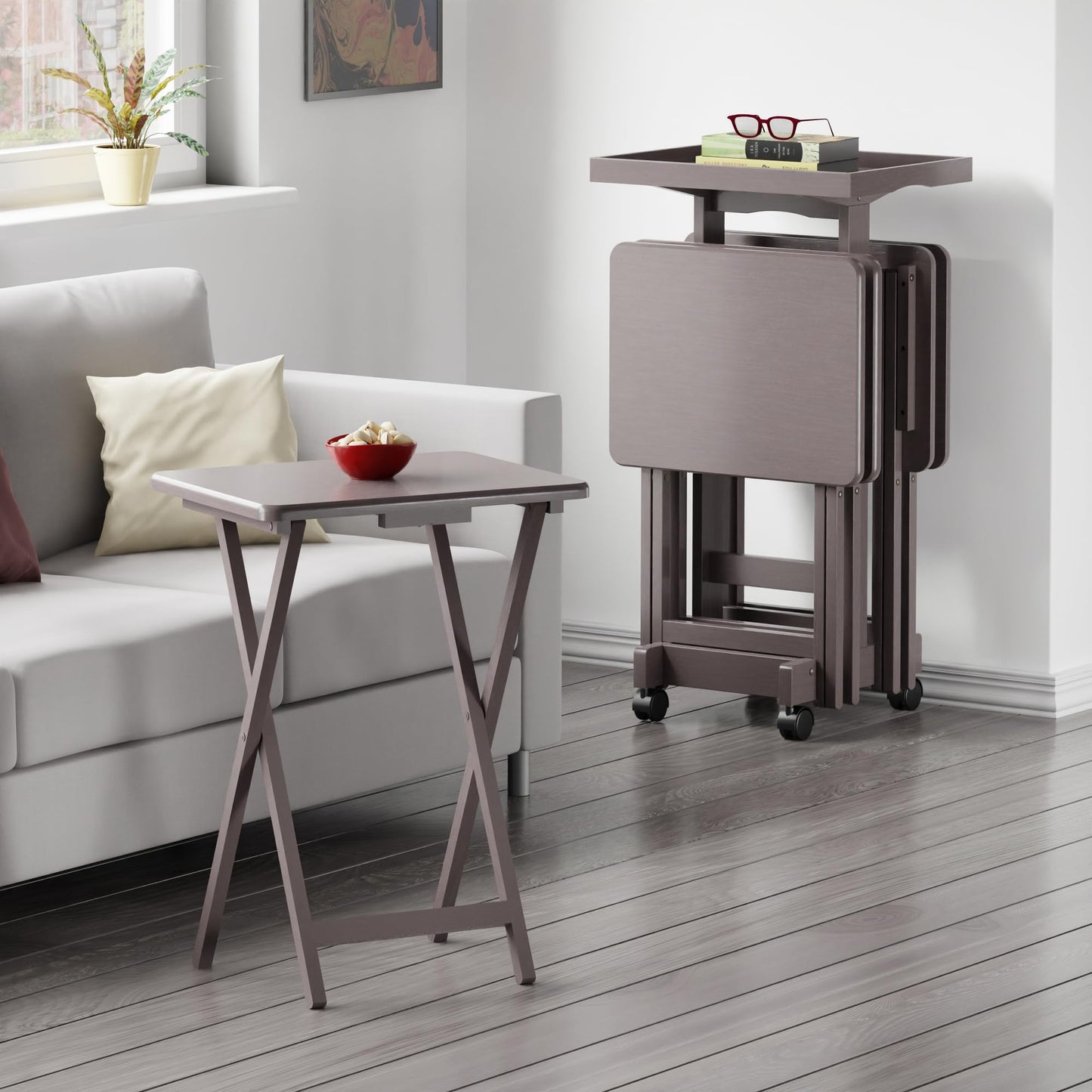 Winsome Isabelle Set of 4 Foldable Snack Tables with Storage Rack, Easy to Store Portable Fold Up Table Set for Kitchen, Living Room TV Dining, Crafts, Puzzles, Work from Home