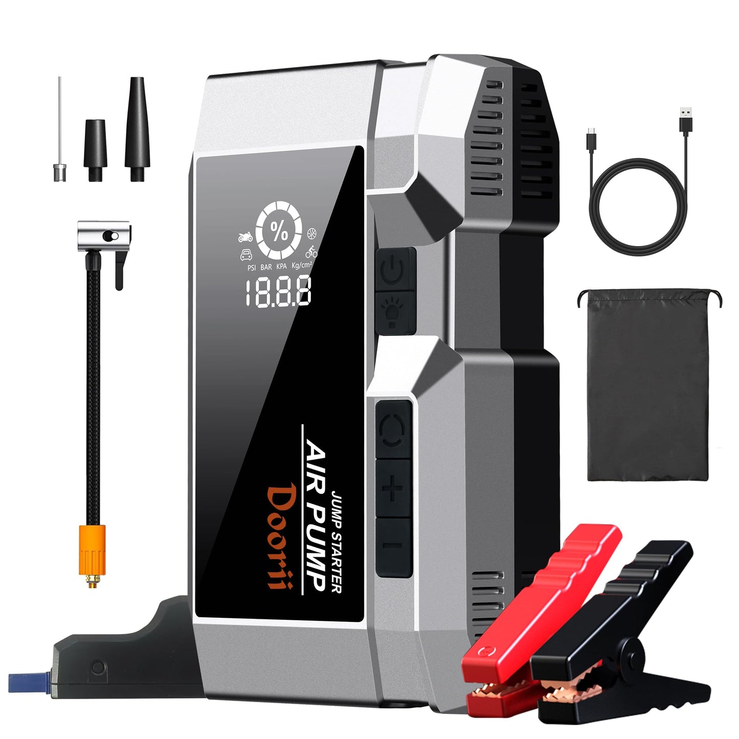 Doorii 8000A Car Jumper Starter Portable with PD65W USB-C Charging(in/Out), 11-in-1 Jump Starter with Air Compressor, 150PSI Tire Inflator for Up to All Gas/12L Diesel
