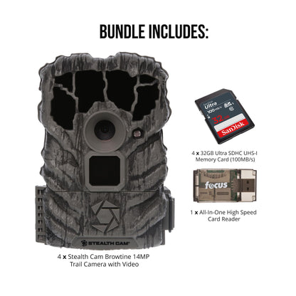 Stealth Cam Browtine 14MP Trail Camera (4-Pack) Bundle with 32GB Memory Card (4-Pack) and Card Reader (9 Items)