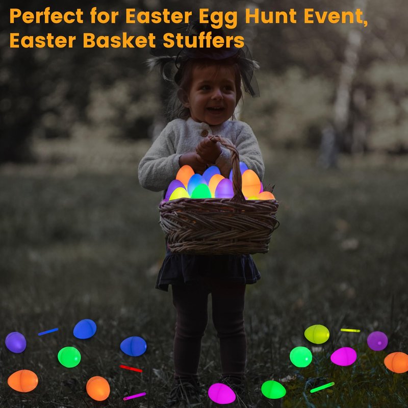 POPGIFTU Glow in the Dark Easter Eggs Bulk – 120 Prefilled Plastic Eggs with 240 Mini Glow Sticks for Night Egg Hunt, Easter Basket Stuffers, Party Favors & Classroom Prizes