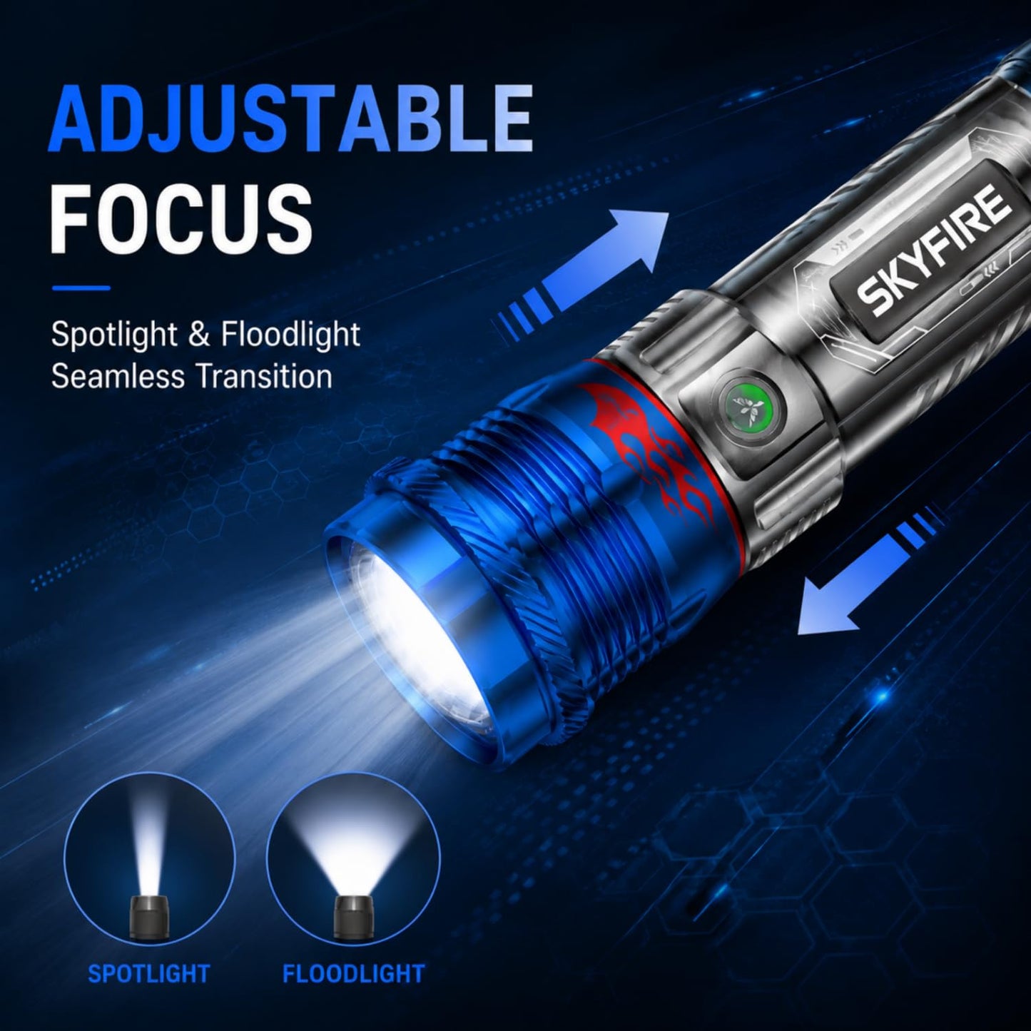 SKYFIRE 6000 Lumens Rechargeable Flashlight with Fire Starter,96 Hours Runtime, IPX6 Waterproof, Zoomable Tactical Flashlight Spotlight for Camping, Emergency, Outdoor Survival