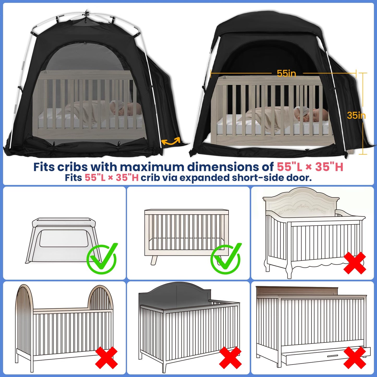 KNOCLOC Blackout Tent for Crib, Pack N Play, Toddler Travel Bed & Kids Cot, CPC Certified Baby Sleep Pod with Fan Pocket, 2 Mesh Doors, Breathable & Quiet Design, Easy Setup & Portable