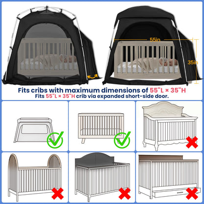 KNOCLOC Blackout Tent for Crib, Pack N Play, Toddler Travel Bed & Kids Cot, CPC Certified Baby Sleep Pod with Fan Pocket, 2 Mesh Doors, Breathable & Quiet Design, Easy Setup & Portable