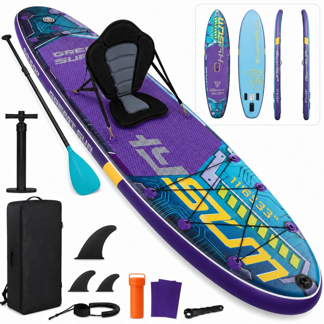 11'6'' Inflatable Stand Up Paddle Board for Adults, Non Slip Deck Blow Up Paddle Board for Fishing Yoga, Paddleboards with SUP Accessories, Fins, Leash, Air Pump, Seat, Backpack