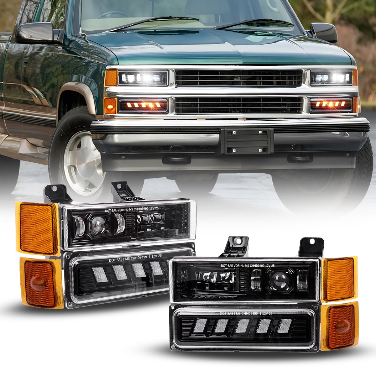 BICYACO 5-in-1 DOT LED Headlight Assembly with Turn Signal Side Marker, Anti-Glare 6600LM Hi/Lo Beam, IP67 Waterproof, Plug N Play for OBS 1994-1999 Chevy Silverado Tahoe Suburban C/K 1500 2500 3500