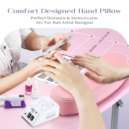 Faquenc Manicure Table with Nail Dust Collector, Portable Nail Table Rolling Nail Desk Nail Tech Travel Nail Station Foldable Professional Nail Salon Table with Cacuum,Arm Rest,Lockable Wheel,Bag,Pink