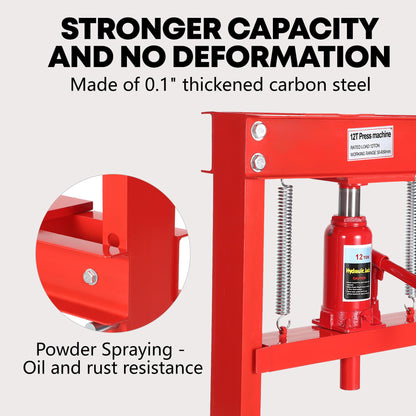 ExploreHorizon 12 Ton Hydraulic H-Frame Shop Press with Adjustable Table & Stamping Plates for Auto Repair, Garage Use, Metalworking, Red