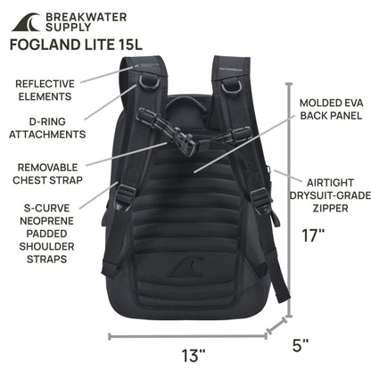 Breakwater Supply Waterproof Preparedness Pack, IP68 Submersible Airtight Backpack and Waterproof Marine First Aid Kit for Boating, Fishing, Kayaking (Fogland Lite 15L Stealth Black)