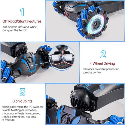 4WD Remote Control Gesture Sensor Car Double-Sided Rotating 360° Flips Drift with Lights Music RC Stunt Twist Car Birthday Presents for 6-12 Kids (Blue)