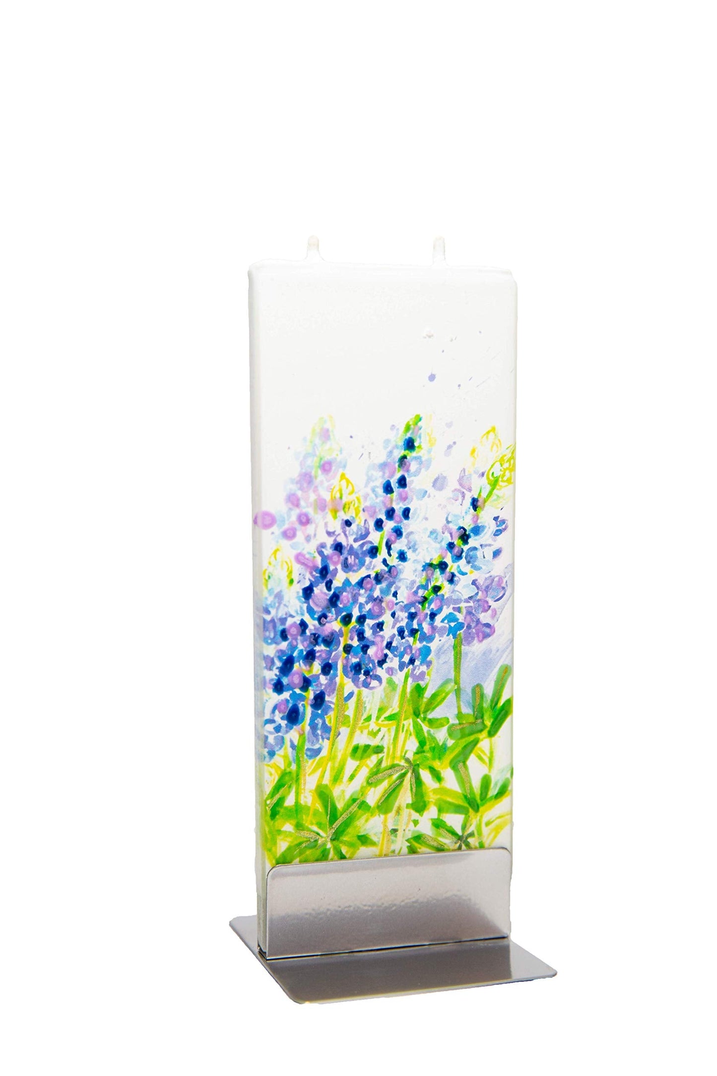 Flatyz Hand Painted Flat Candle | Unscented, Dripless, Smokeless, Decorative | Texas Bluebonnet Flowers | Double Wick with Metal Base | Unique Gift Idea and Home Décor Accent